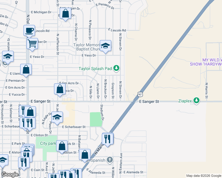 map of restaurants, bars, coffee shops, grocery stores, and more near 1122 North Breckon Drive in Hobbs