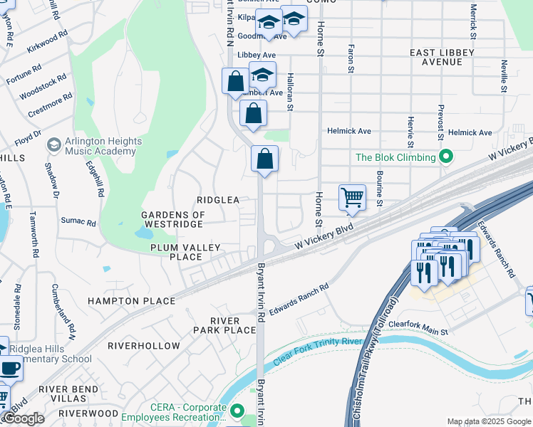 map of restaurants, bars, coffee shops, grocery stores, and more near 4949 Bryant Irvin Road North in Fort Worth