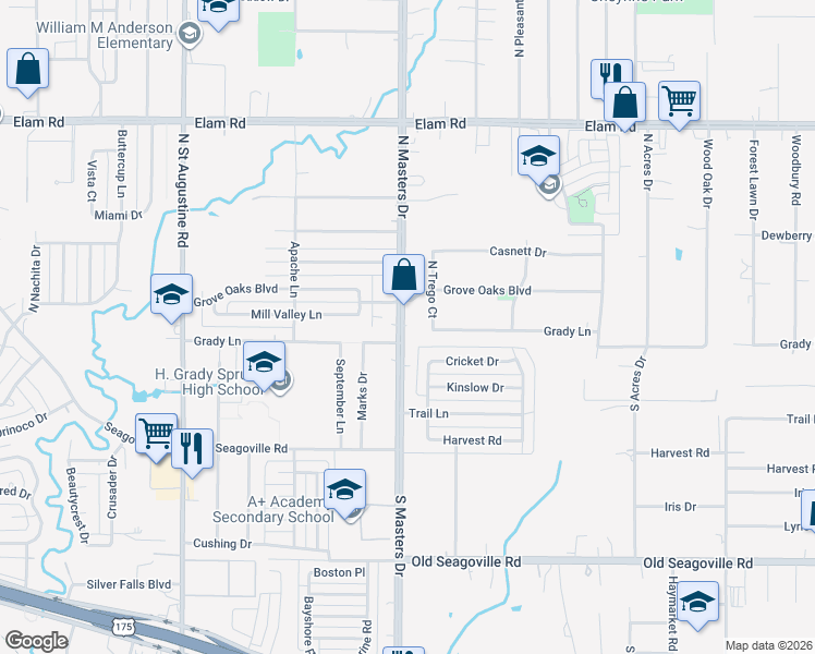 map of restaurants, bars, coffee shops, grocery stores, and more near 120 North Masters Drive in Dallas