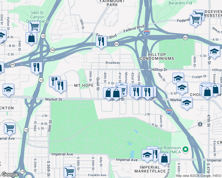 map of restaurants, bars, coffee shops, grocery stores, and more near 712 Raven Street in San Diego