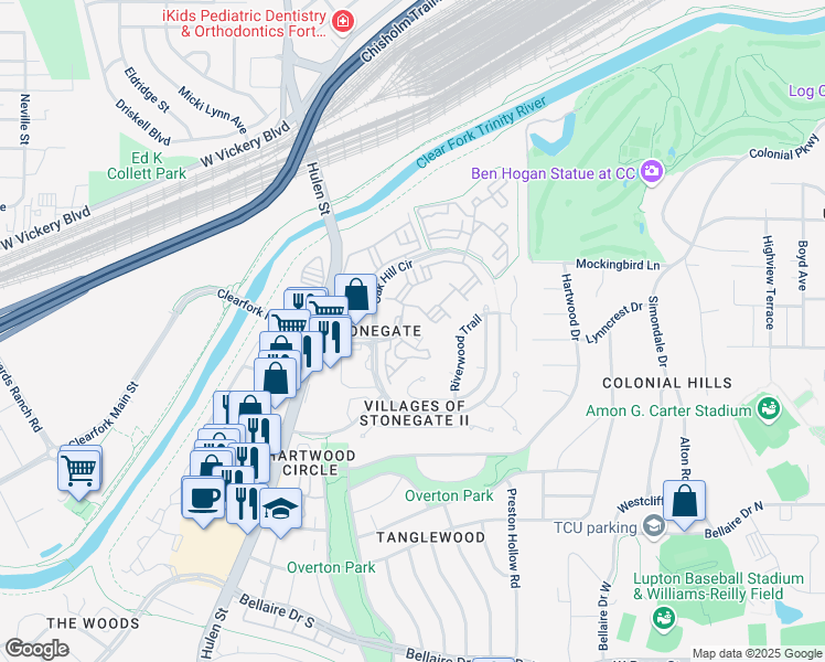map of restaurants, bars, coffee shops, grocery stores, and more near 4100 Stonegate Boulevard in Fort Worth