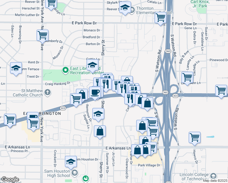 map of restaurants, bars, coffee shops, grocery stores, and more near 2238 East Pioneer Parkway in Arlington