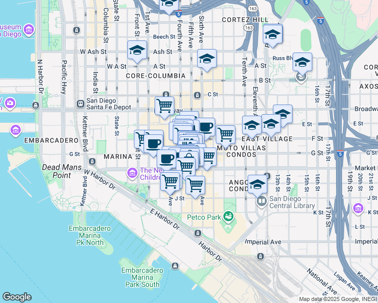map of restaurants, bars, coffee shops, grocery stores, and more near 450 G Street in San Diego