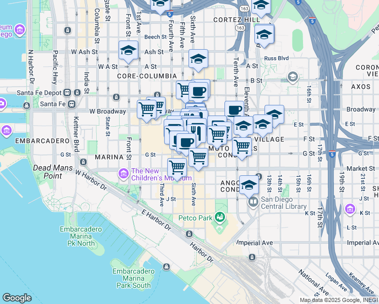 map of restaurants, bars, coffee shops, grocery stores, and more near 789 Sixth Avenue in San Diego