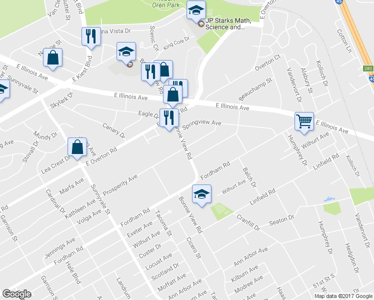 map of restaurants, bars, coffee shops, grocery stores, and more near 3715 Bonnie View Road in Dallas