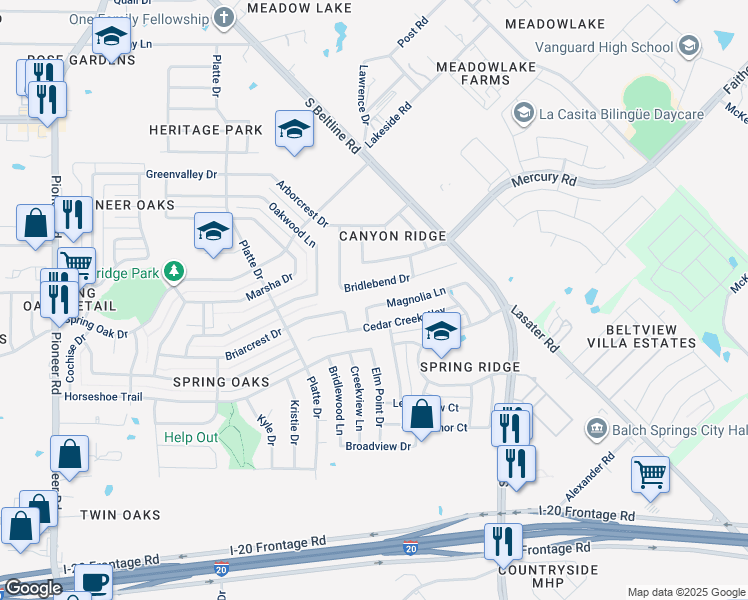 map of restaurants, bars, coffee shops, grocery stores, and more near 14723 Bridle Bend Drive in Balch Springs