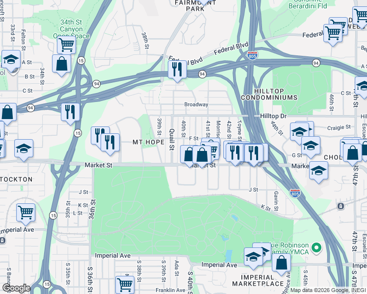 map of restaurants, bars, coffee shops, grocery stores, and more near 804 Raven Street in San Diego