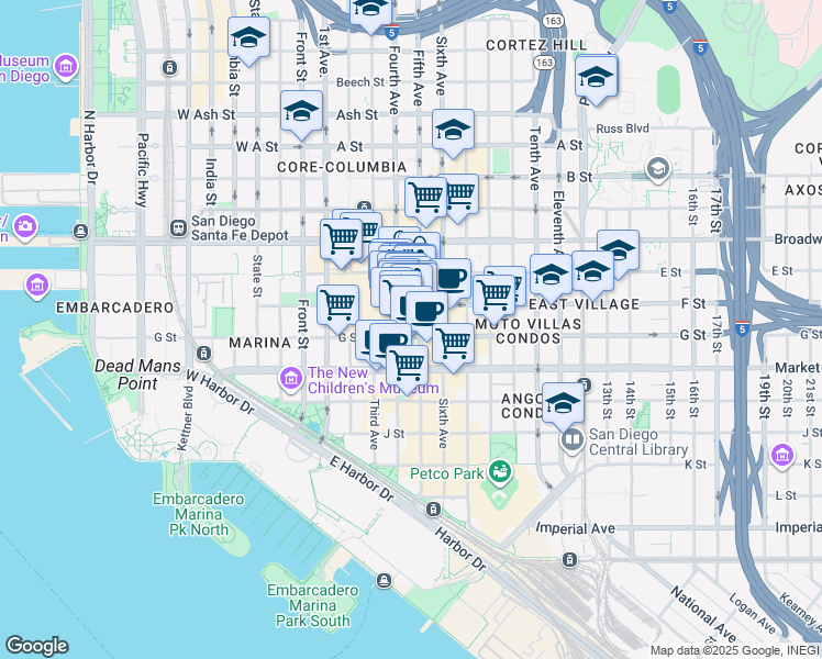 map of restaurants, bars, coffee shops, grocery stores, and more near in San Diego