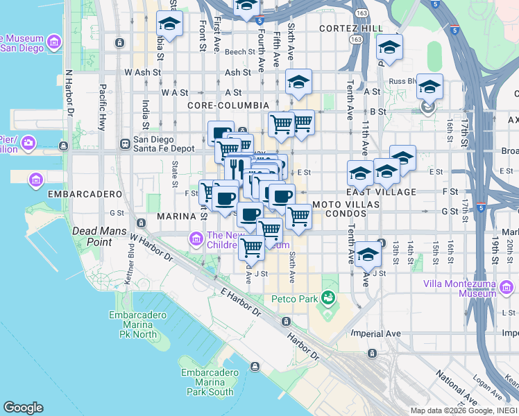 map of restaurants, bars, coffee shops, grocery stores, and more near 273 Horton Plaza in San Diego