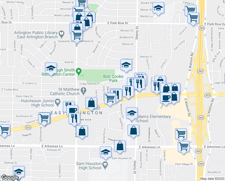 map of restaurants, bars, coffee shops, grocery stores, and more near 2018 Cedar Point Drive in Arlington