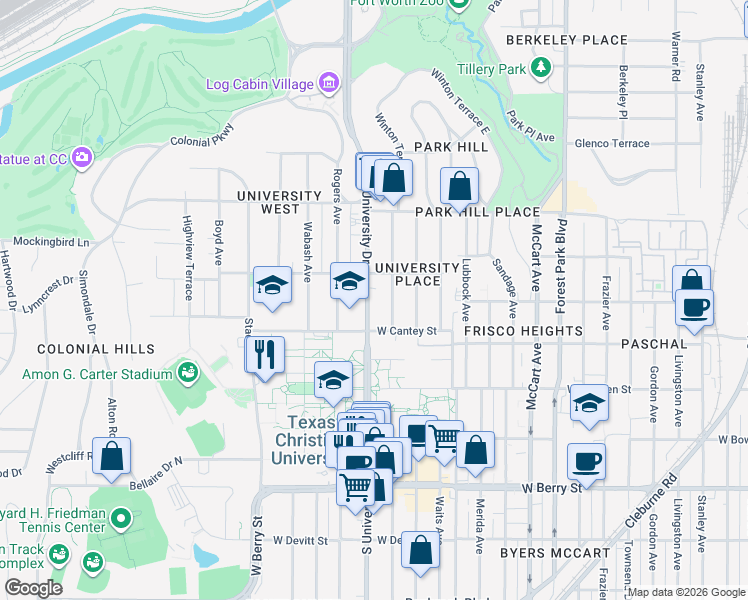 map of restaurants, bars, coffee shops, grocery stores, and more near 2625 South University Drive in Fort Worth