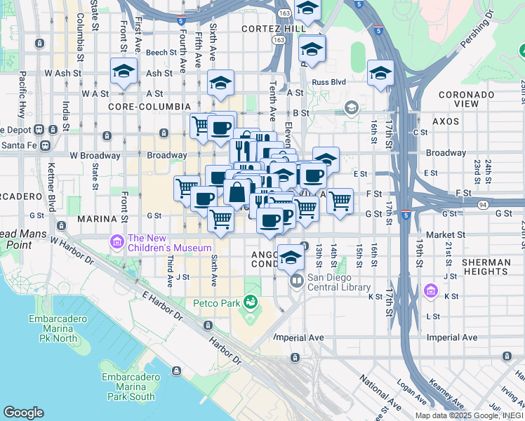 map of restaurants, bars, coffee shops, grocery stores, and more near 721 9th Avenue in San Diego