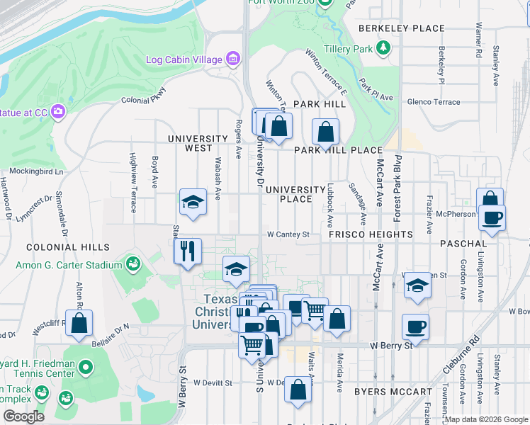 map of restaurants, bars, coffee shops, grocery stores, and more near 2625 South University Drive in Fort Worth