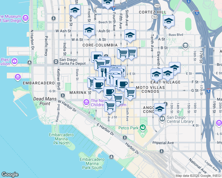 map of restaurants, bars, coffee shops, grocery stores, and more near 273 Horton Plaza in San Diego