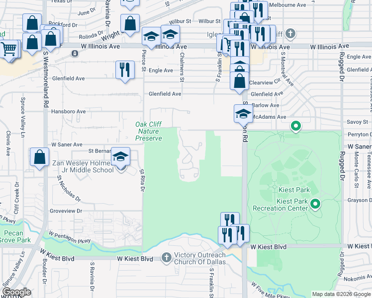 map of restaurants, bars, coffee shops, grocery stores, and more near Perryton Drive in Dallas