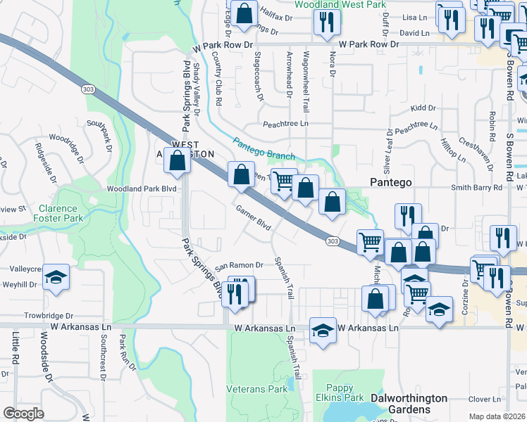 map of restaurants, bars, coffee shops, grocery stores, and more near 3630 West Pioneer Parkway in Pantego