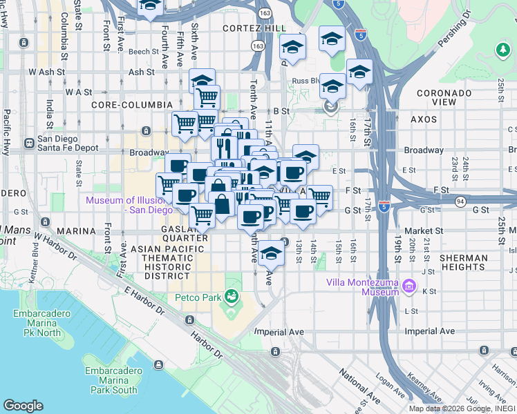 map of restaurants, bars, coffee shops, grocery stores, and more near 707 Tenth Avenue in San Diego