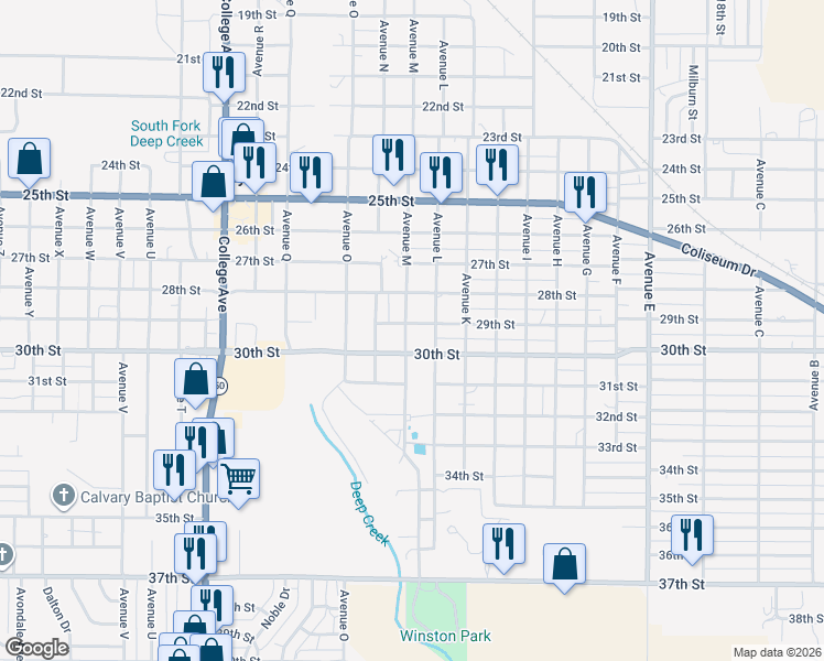 map of restaurants, bars, coffee shops, grocery stores, and more near 2800-2898 Avenue M in Snyder