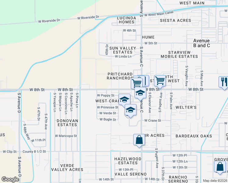 map of restaurants, bars, coffee shops, grocery stores, and more near 4278-4298 West 8th Street in Yuma