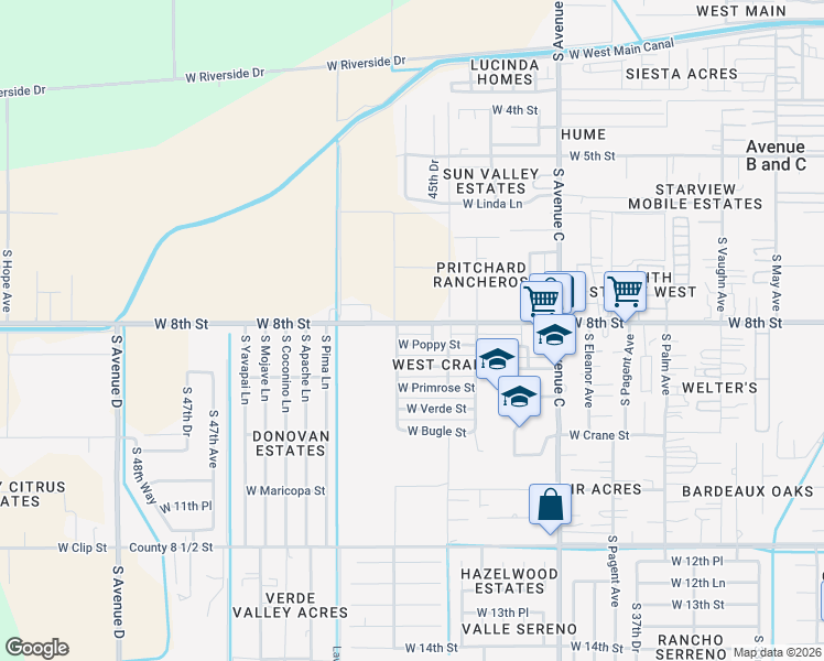 map of restaurants, bars, coffee shops, grocery stores, and more near 4307-4399 W 8th St in Yuma