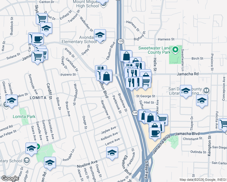 map of restaurants, bars, coffee shops, grocery stores, and more near 1015 Broadview Street in Spring Valley