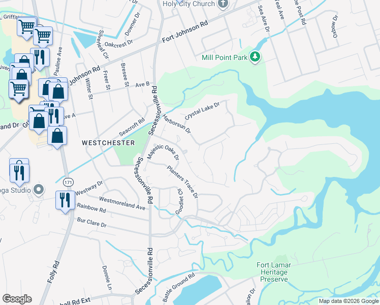 map of restaurants, bars, coffee shops, grocery stores, and more near 1445 Swamp Angel Court in Charleston