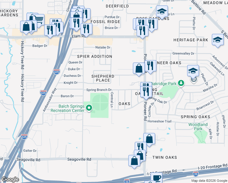 map of restaurants, bars, coffee shops, grocery stores, and more near 12708 Summer Hill Drive in Balch Springs