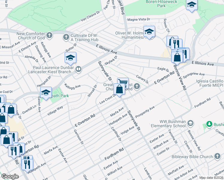 map of restaurants, bars, coffee shops, grocery stores, and more near 3456 Kellogg Avenue in Dallas