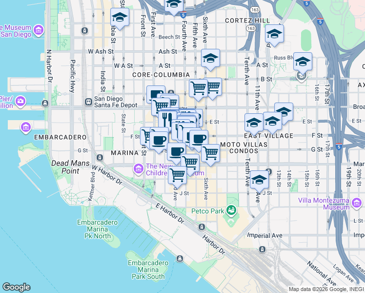 map of restaurants, bars, coffee shops, grocery stores, and more near 273 Horton Plaza in San Diego