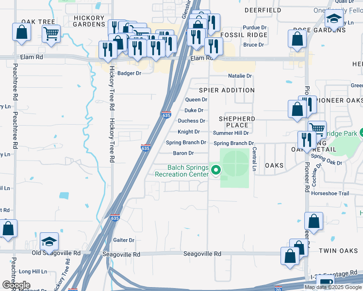 map of restaurants, bars, coffee shops, grocery stores, and more near 12125 Spring Branch Drive in Balch Springs