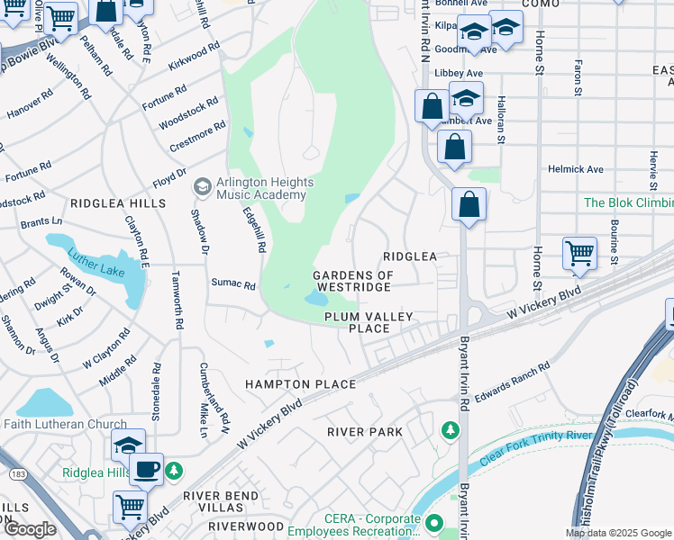 map of restaurants, bars, coffee shops, grocery stores, and more near 4900 Westridge Avenue in Fort Worth