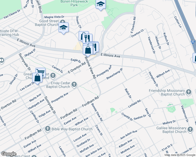 map of restaurants, bars, coffee shops, grocery stores, and more near 3810 Bonnie View Road in Dallas