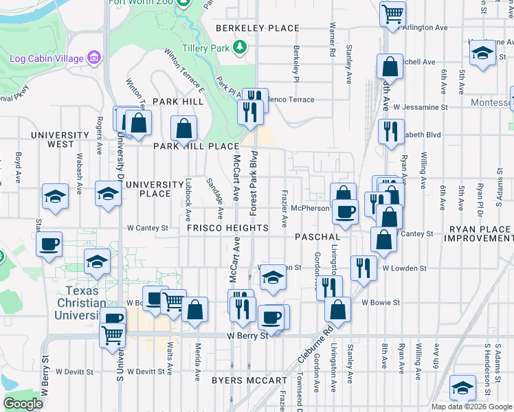 map of restaurants, bars, coffee shops, grocery stores, and more near 2641 Forest Park Boulevard in Fort Worth