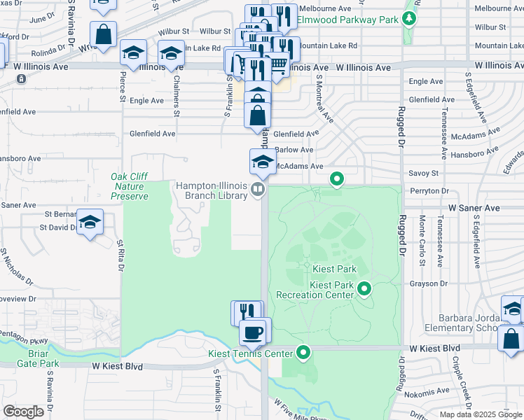 map of restaurants, bars, coffee shops, grocery stores, and more near 2959 South Hampton Road in Dallas