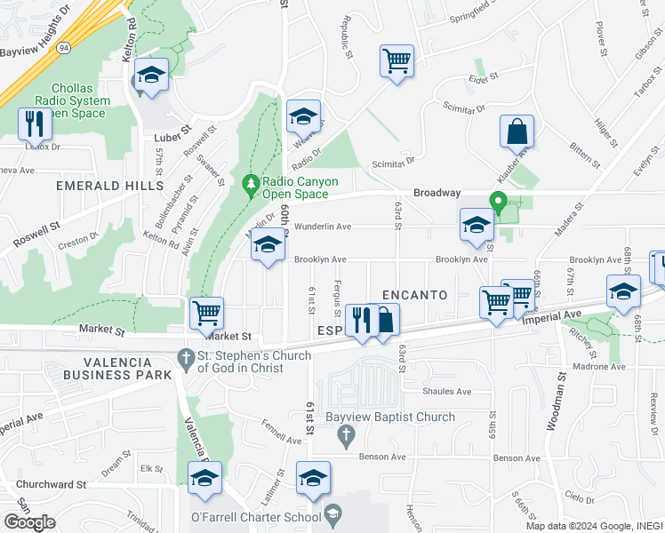 map of restaurants, bars, coffee shops, grocery stores, and more near 736 Fergus Street in San Diego