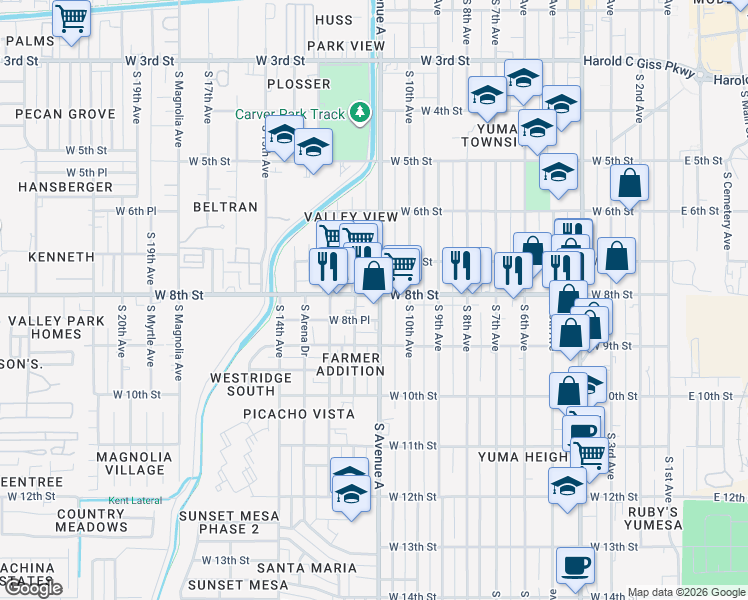 map of restaurants, bars, coffee shops, grocery stores, and more near 1080 West 8th Street in Yuma