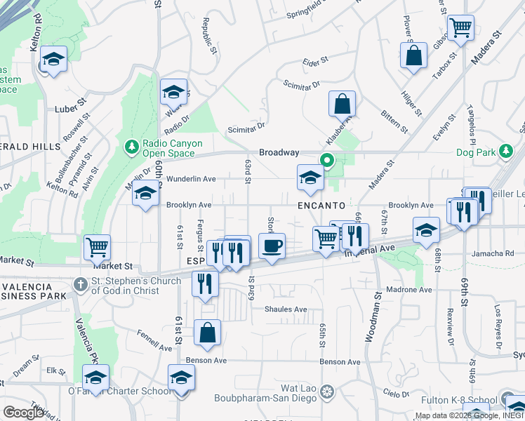 map of restaurants, bars, coffee shops, grocery stores, and more near 6328 Brooklyn Avenue in San Diego