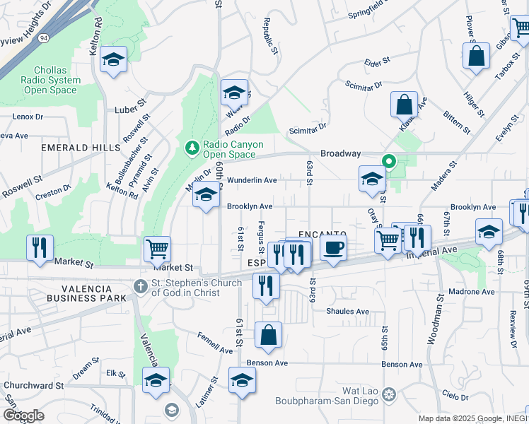 map of restaurants, bars, coffee shops, grocery stores, and more near 6124 1/2 Brooklyn Avenue in San Diego