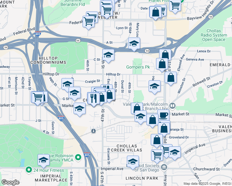 map of restaurants, bars, coffee shops, grocery stores, and more near 755-57 48th Street in San Diego