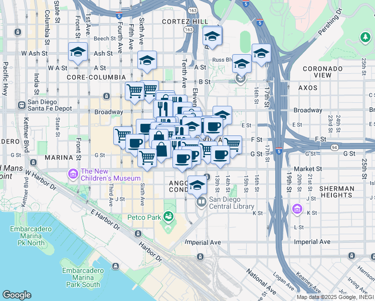map of restaurants, bars, coffee shops, grocery stores, and more near in San Diego