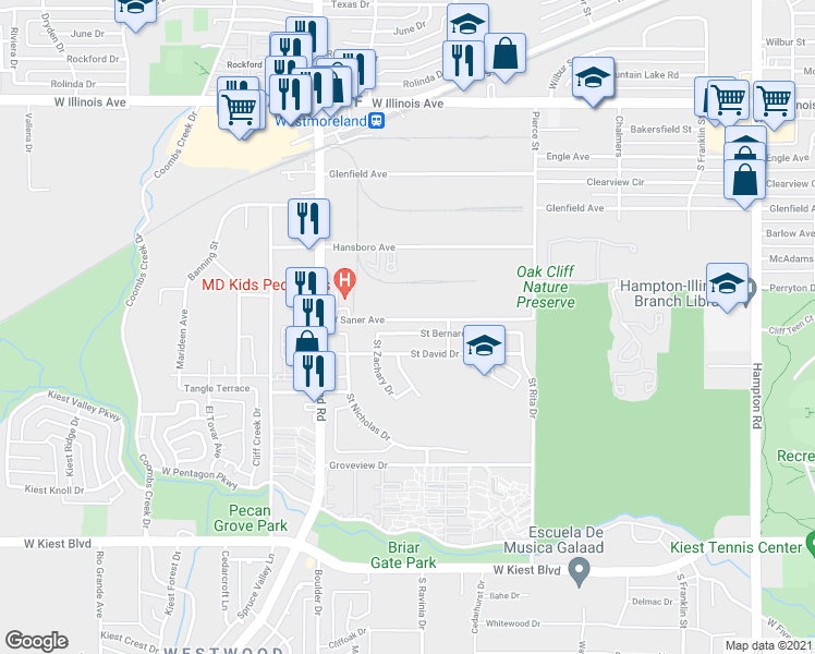 map of restaurants, bars, coffee shops, grocery stores, and more near 3151 West Saner Avenue in Dallas