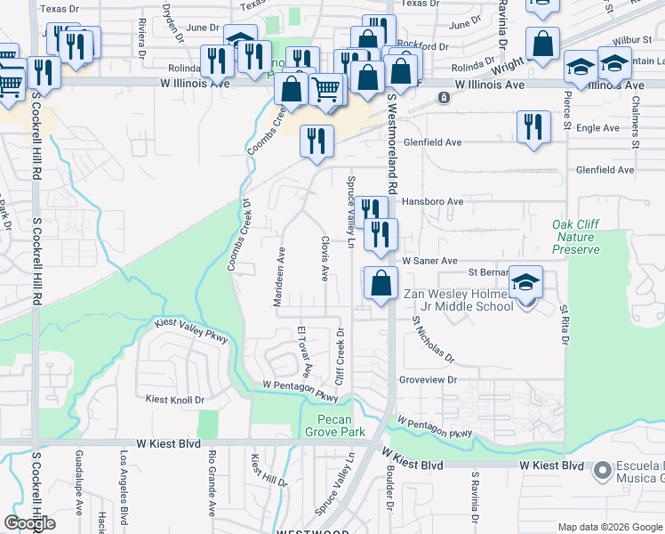 map of restaurants, bars, coffee shops, grocery stores, and more near 2952 Clovis Avenue in Dallas