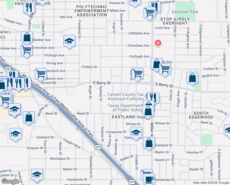 map of restaurants, bars, coffee shops, grocery stores, and more near 3204 Donalee Street in Fort Worth