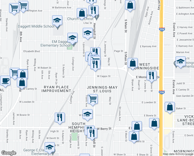 map of restaurants, bars, coffee shops, grocery stores, and more near 2622 South Jennings Avenue in Fort Worth
