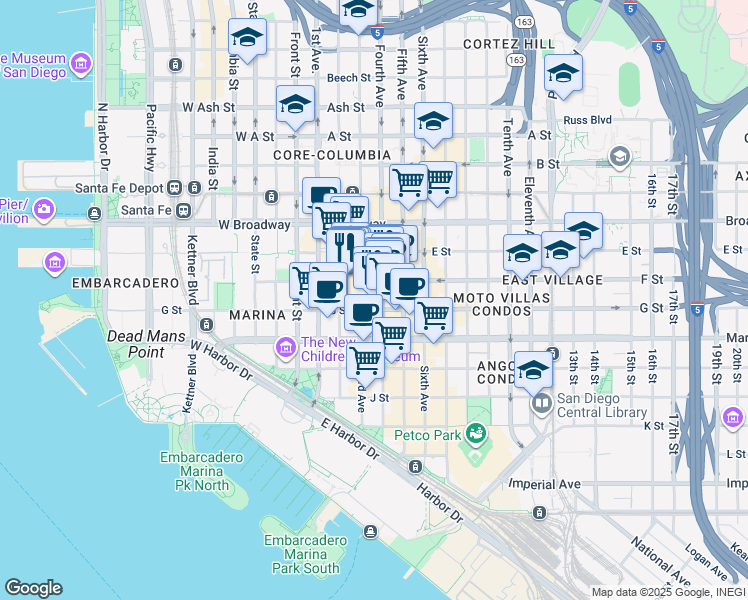 map of restaurants, bars, coffee shops, grocery stores, and more near 720 Fourth Avenue in San Diego
