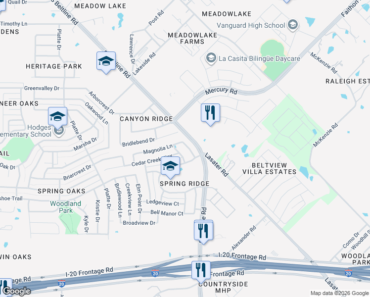 map of restaurants, bars, coffee shops, grocery stores, and more near 14857 Magnolia Lane in Balch Springs
