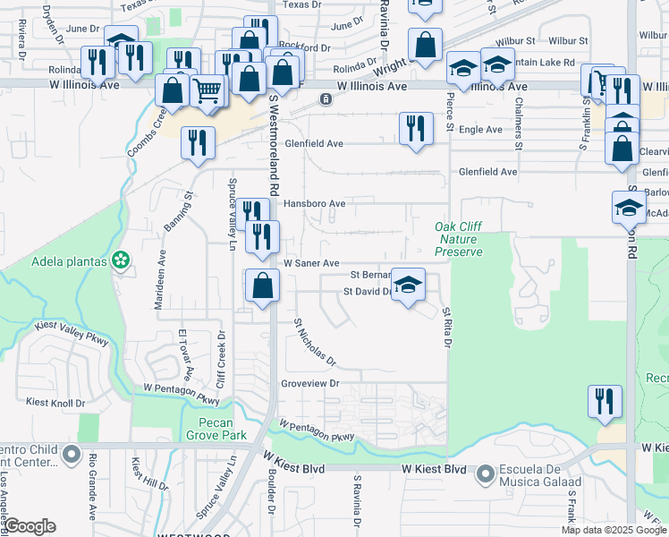 map of restaurants, bars, coffee shops, grocery stores, and more near 2955 Saint Bernard Drive in Dallas