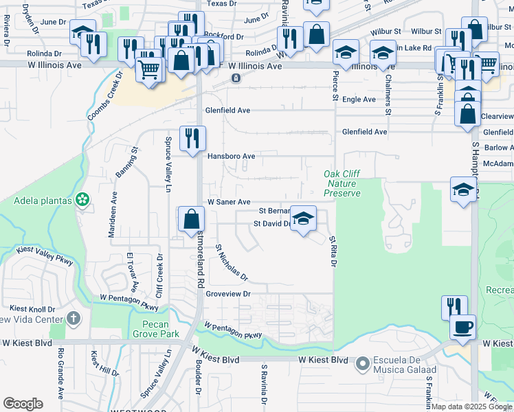 map of restaurants, bars, coffee shops, grocery stores, and more near 2939 Saint Bernard Drive in Dallas