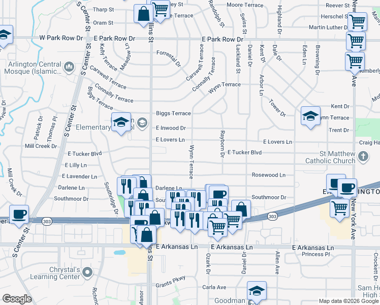 map of restaurants, bars, coffee shops, grocery stores, and more near 1104 East Lovers Lane in Arlington