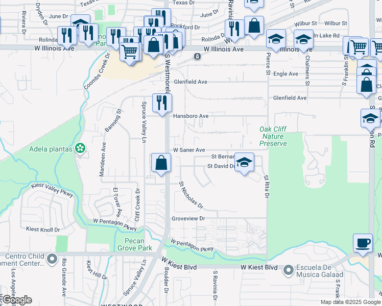 map of restaurants, bars, coffee shops, grocery stores, and more near 3201 West Saner Avenue in Dallas